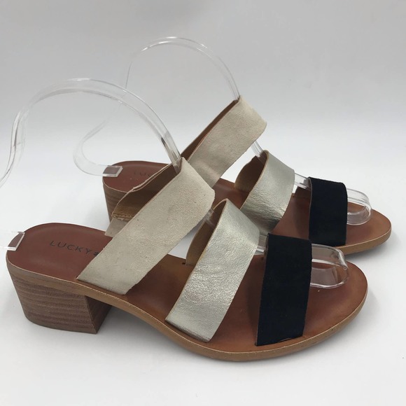 Lucky Brand Sandals Womens 6M Gold Black Releigh 2 Strappy Leather Slide On - Picture 2 of 8